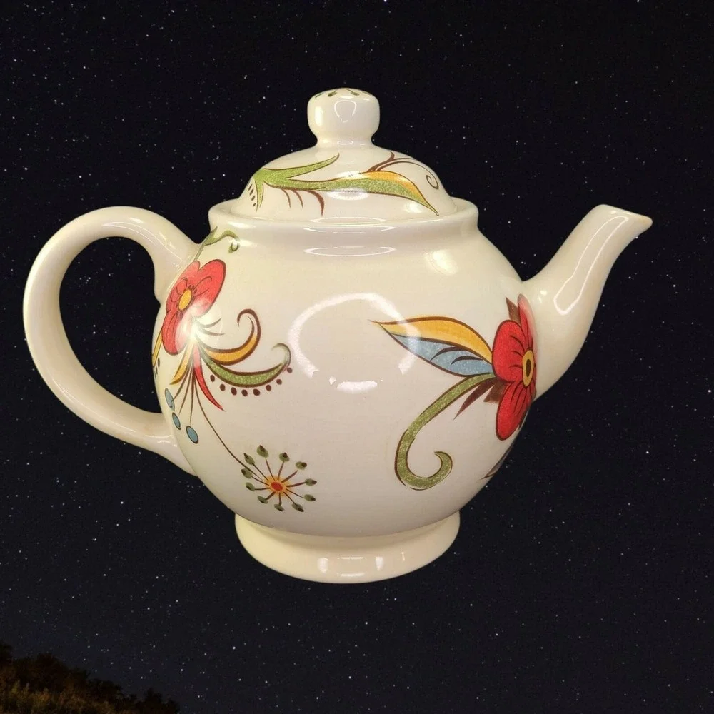 Pier 1 One Import Teapot With Lid Carynthum‎ Contemporary Floral Red Gold Green